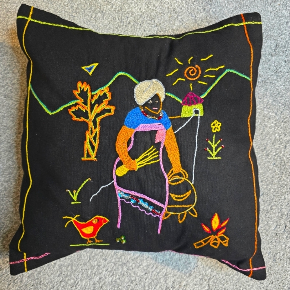 Vintage African Folk Art Hand Embroidered Throw Pillow